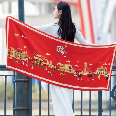 Khăn lụa Hải Phòng 1 lớp đỏ in logo 70x180cm - KD719DD1L